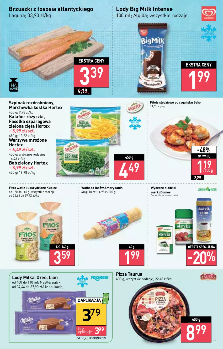 Gazetka promocyjna Stokrotka - Supermarket - ważna 21.07 do 27.07.2022 - strona 11 - produkty: Algida, Big Milk, Brzuszki z łososia, Fa, Hortex, Kalafior, Kupiec, LG, Lion, Lody, Marchewka, Milka, Nestlé, Oreo, Piec, Pizza, SEKO, Sos, Szpinak, Wafle, Wafle do lodów, Warzywa