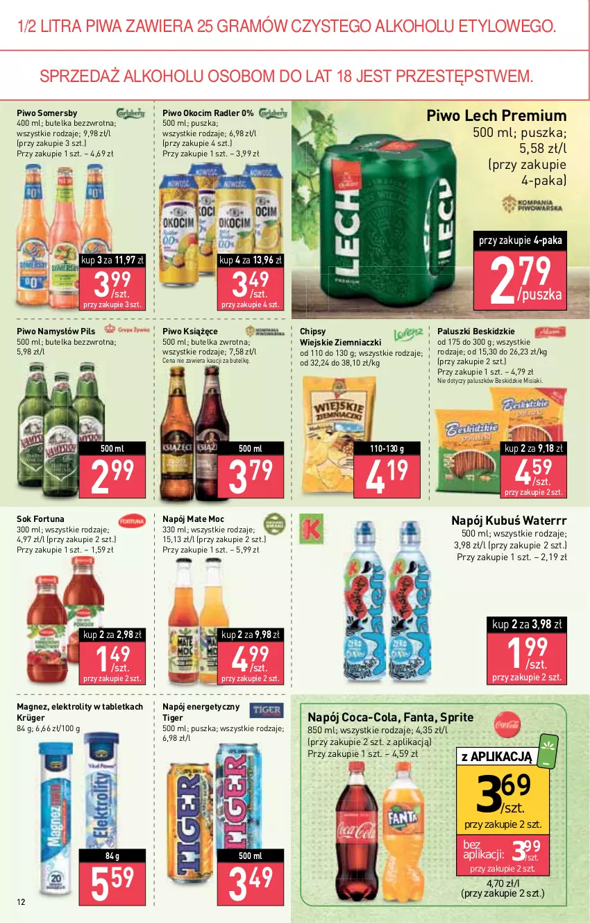 Gazetka promocyjna Stokrotka - Supermarket - ważna 21.07 do 27.07.2022 - strona 12 - produkty: Beskidzki, Chipsy, Coca-Cola, Fa, Fanta, Fortuna, Gra, Koc, Książęce, Kubuś, Kubuś Waterrr, Lech Premium, Magnez, Namysłów, Napój, Napój energetyczny, Okocim, Piwa, Piwo, Radler, Sok, Somersby, Sprite, Tablet, Tiger