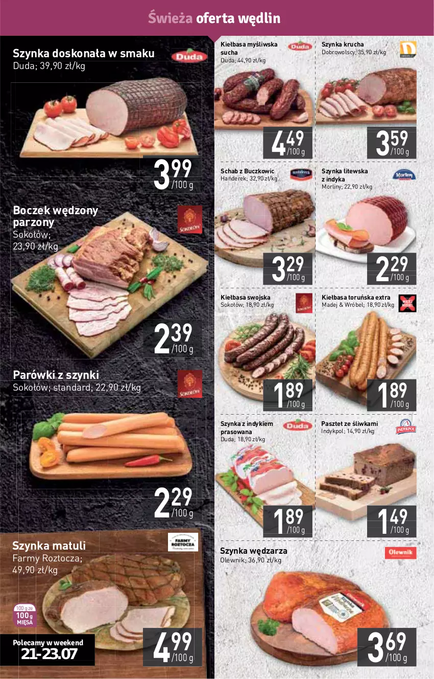 Gazetka promocyjna Stokrotka - Supermarket - ważna 21.07 do 27.07.2022 - strona 4 - produkty: Boczek, Duda, Fa, HP, Kiełbasa, Morliny, Olewnik, Parówki, Parówki z szynki, Pasztet, Sok, Sokołów, Szynka