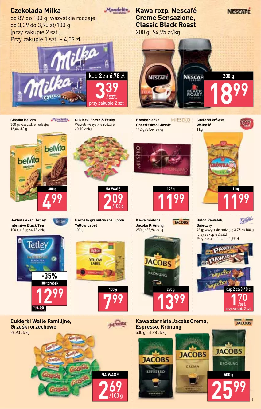 Gazetka promocyjna Stokrotka - Supermarket - ważna 21.07 do 27.07.2022 - strona 9 - produkty: Baton, BelVita, Ciastka, Cukier, Cukierki, Czekolada, Fa, Gra, Grześki, Herbata, Jacobs, Jacobs Krönung, Kawa, Kawa mielona, Kawa ziarnista, Lack, Lipton, Milka, Nescafé, Tetley, Vita C, Wafle, Wawel