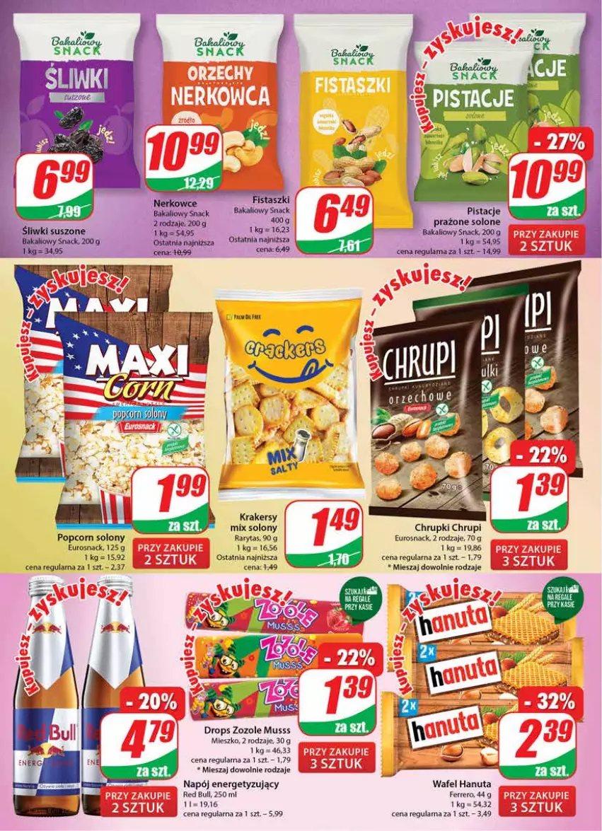 Gazetka promocyjna Dino - Gazetka - ważna 01.02 do 07.02.2023 - strona 18 - produkty: Chrupki, Ferrero, Krakersy, Mus, Napój, Pistacje, Popcorn