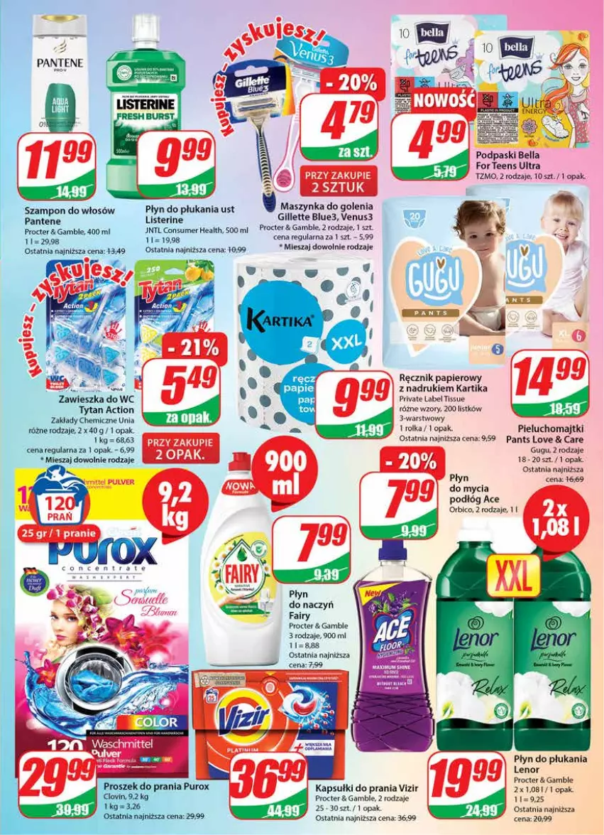 Gazetka promocyjna Dino - Gazetka - ważna 01.02 do 07.02.2023 - strona 23 - produkty: Bell, Bella, Fa, Fairy, Gillette, Kapsułki do prania, Lenor, Majtki, Maszynka, Maszynka do golenia, Pantene, Papier, Pieluchomajtki, Płyn do płukania, Podpaski, Ręcznik, Szampon, Szynka, Tytan, Venus, Vizir, Zawieszka do wc