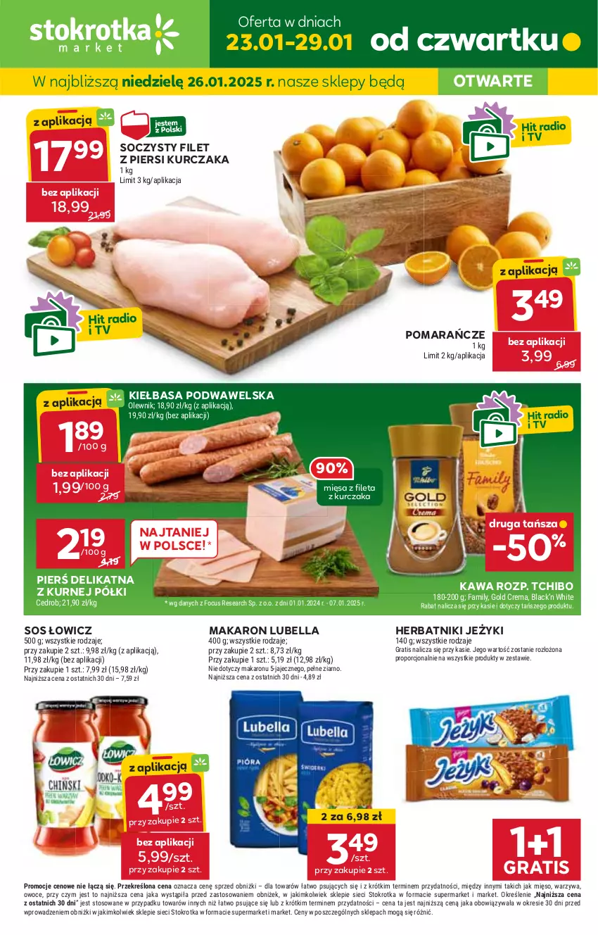 Gazetka promocyjna Stokrotka - Market - ważna 23.01 do 29.01.2025 - strona 1 - produkty: Bell, Bella, Filet z piersi kurczaka, Gra, Herbatniki, HP, JBL, Jeżyki, Kawa, Kiełbasa, Kiełbasa podwawelska, Kurczak, Lubella, Makaron, Pomarańcze, Sos, Tchibo, Wawel