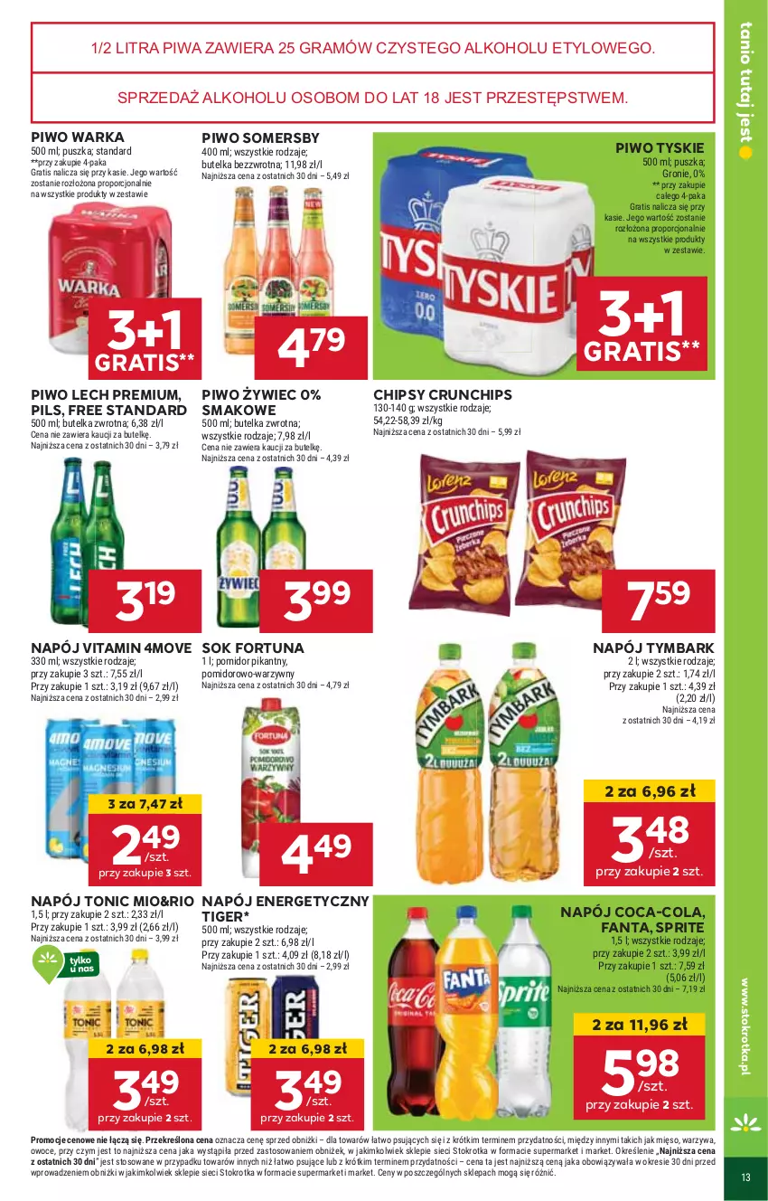 Gazetka promocyjna Stokrotka - Market - ważna 23.01 do 29.01.2025 - strona 13 - produkty: Chipsy, Coca-Cola, Crunchips, Fa, Fanta, Fortuna, Gra, HP, Lech Premium, Napój, Napój energetyczny, Piwa, Piwo, Sok, Somersby, Sprite, Tiger, Tymbark, Tyskie, Warka