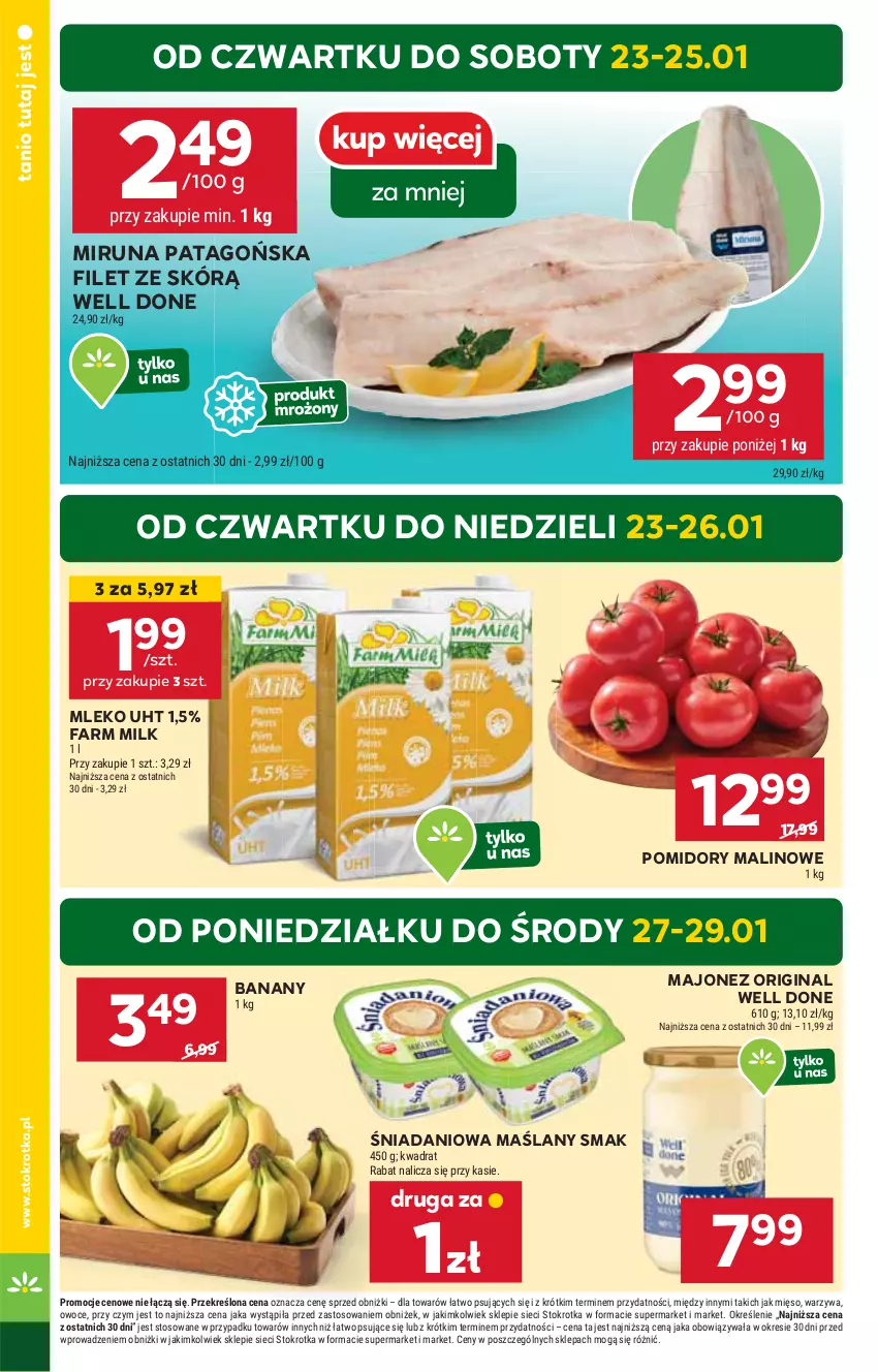 Gazetka promocyjna Stokrotka - Market - ważna 23.01 do 29.01.2025 - strona 4 - produkty: Banany, Danio, Fa, Farm Milk, Gin, HP, Majonez, Miruna, Mleko, Pomidory, Tago