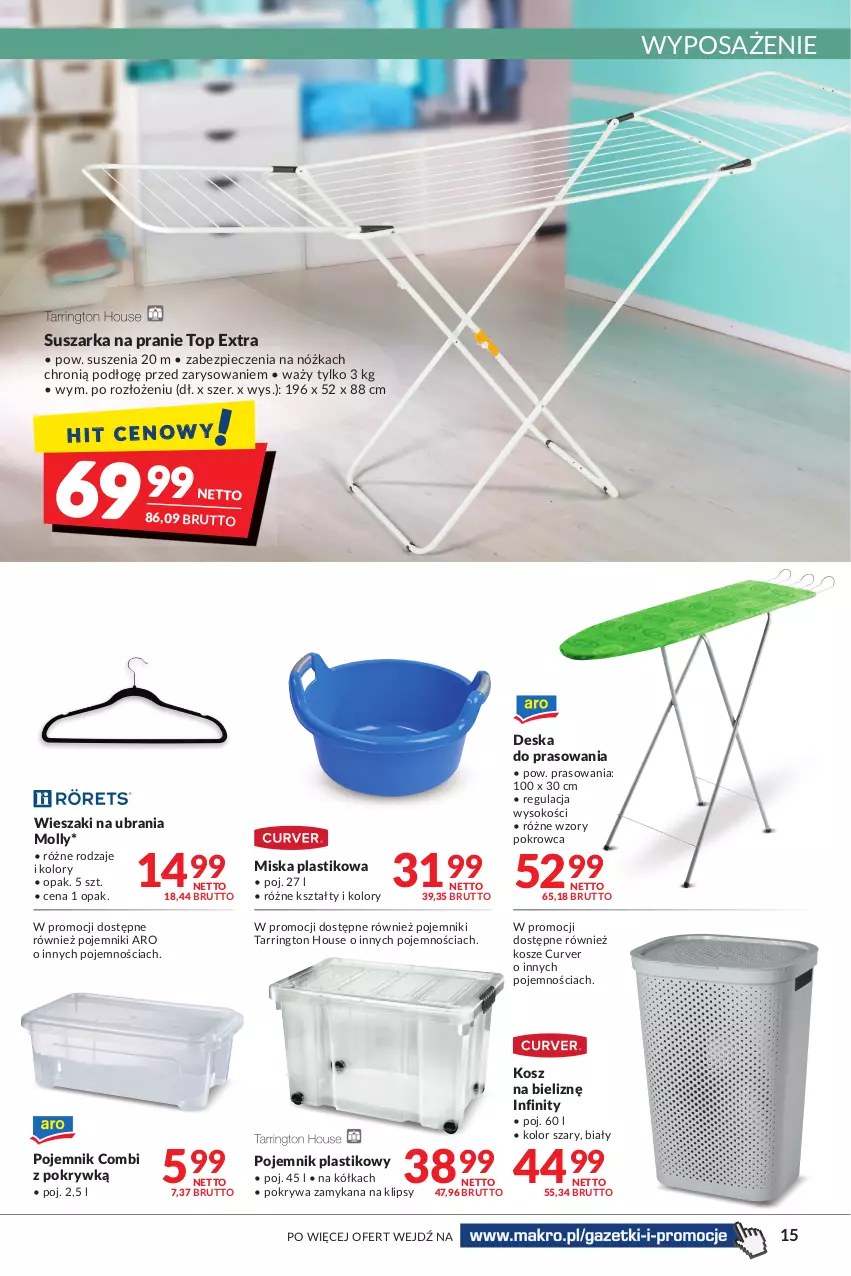 Gazetka promocyjna Makro - [Oferta promocyjna] Artykuły spożywcze i przemysłowe - ważna 22.03 do 04.04.2022 - strona 15 - produkty: Deska do prasowania, Kosz, Kosz na bieliznę, Miska, Piec, Pojemnik, Pojemnik plastikowy, Pokrywa, Sok, Suszarka, Suszarka na pranie, Top, Ubrania, Wieszak