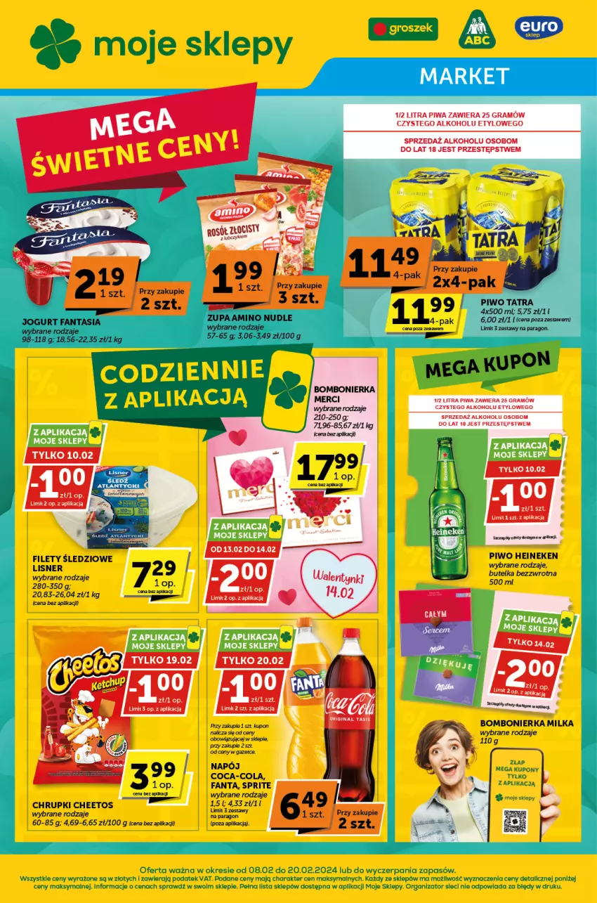 Gazetka promocyjna ABC - ważna 08.02 do 20.02.2024 - strona 1 - produkty: Cheetos, Chrupki, Coca-Cola, Fa, Fanta, Gin, Gra, Lisner, Milka, Napój, Piwa, Piwo, Rosół, Sprite, Tatra, Zupa