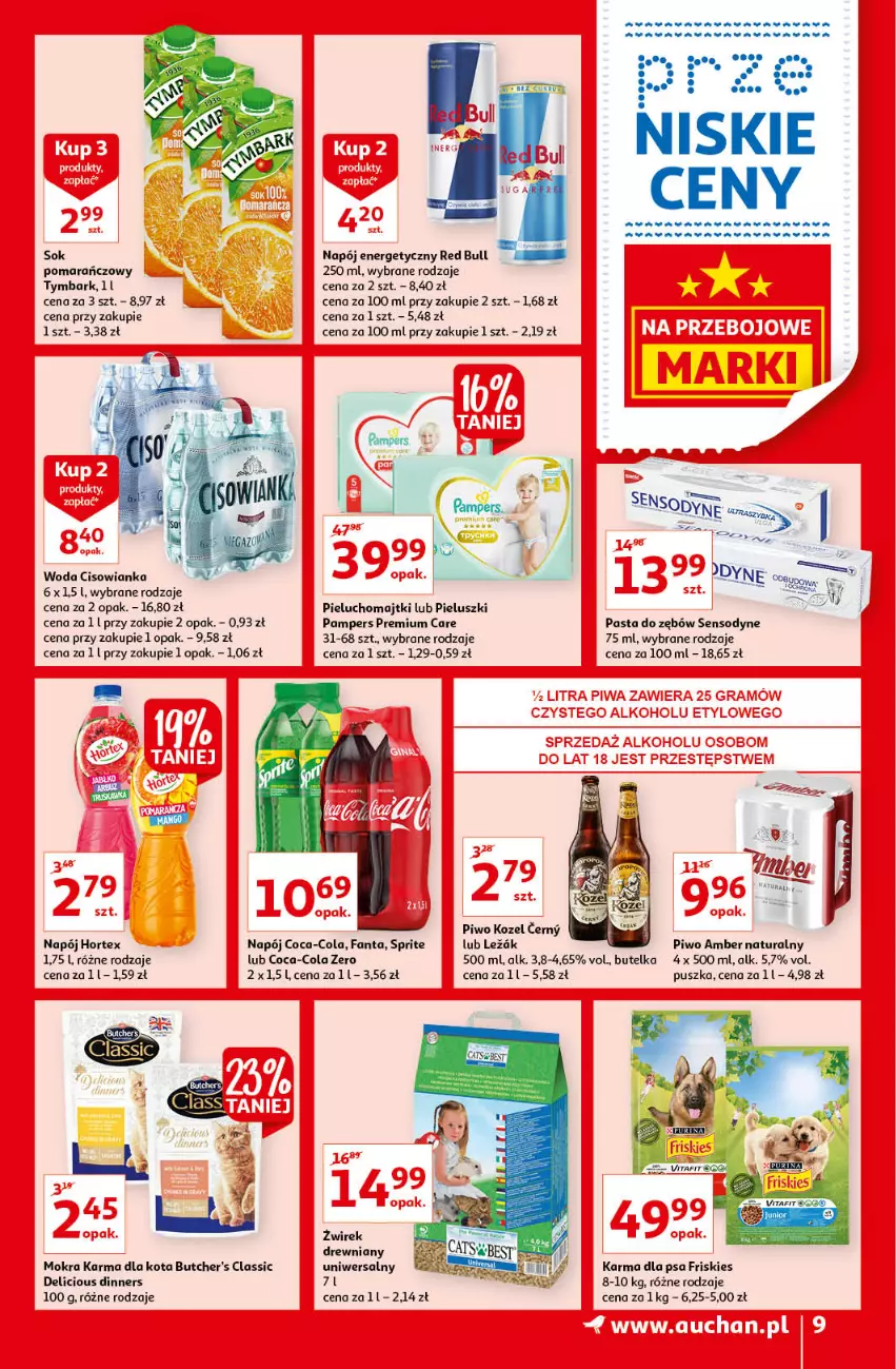 Gazetka promocyjna Auchan - przeNISKIE CENY na przebojowe marki Hipermarkety - ważna 10.02 do 16.02.2022 - strona 9 - produkty: Butcher's, Cisowianka, Coca-Cola, Fa, Fanta, Friskies, Hortex, Kozel, Majtki, Mokra karma, Napój, Napój energetyczny, Pampers, Pasta do zębów, Pieluchomajtki, Piwo, Red Bull, Sensodyne, Sok, Sok pomarańczowy, Sprite, Tymbark, Woda