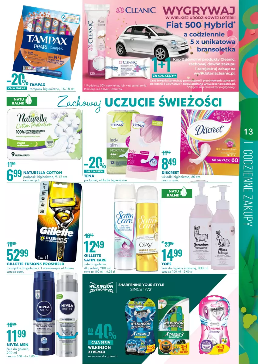 Gazetka promocyjna Super Pharm - Gazetka - ważna 01.07 do 14.07.2021 - strona 13 - produkty: Bransoletka, Cleanic, Discreet, Fa, Fusion, Gillette, Maszynka, Maszynka do golenia, Naturell, Naturella, Nivea, Nivea Men, Podpaski, Sati, Sharp, Szynka, Tampony, Wkładki, Yope