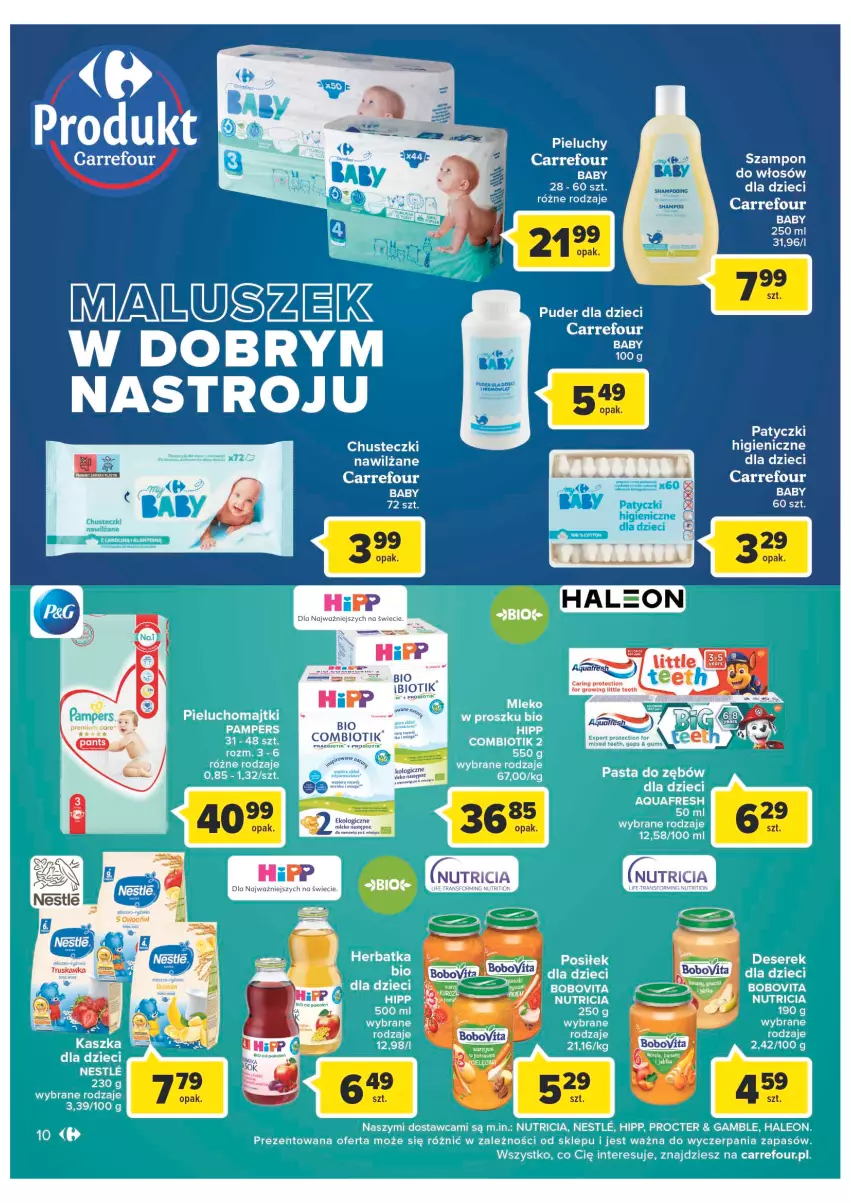 Gazetka promocyjna Carrefour - Gazetka Market - ważna 13.09 do 24.09.2022 - strona 10 - produkty: Aquafresh, BoboVita, Chusteczki, Deser, Dzieci, HiPP, Leon, Majtki, Mleko, Pampers, Pasta do zębów, Pieluchomajtki, Puder, Ser, Serek, Szampon, Tran