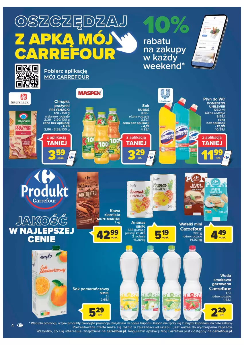 Gazetka promocyjna Carrefour - Gazetka Market - ważna 13.09 do 24.09.2022 - strona 4 - produkty: Ananas, Chrupki, Domestos, Kawa, Kawa ziarnista, Montmartre, Płyn do wc, Przysnacki, Sok, Sok pomarańczowy, Woda