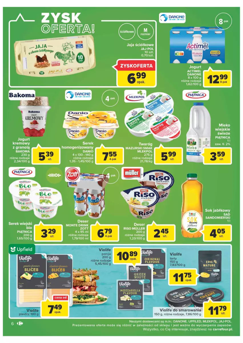 Gazetka promocyjna Carrefour - Gazetka Market - ważna 13.09 do 24.09.2022 - strona 6 - produkty: Actimel, Bakoma, Danio, Danone, Gra, Jaja, Jogurt, Mleko, Monte, Piątnica, Por, Ser, Serek, Serek wiejski, Sok, Sok jabłkowy, Zott