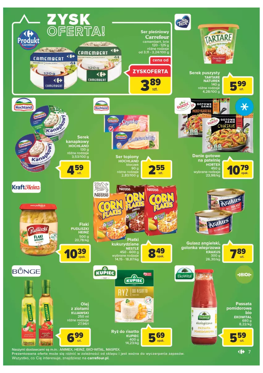 Gazetka promocyjna Carrefour - Gazetka Market - ważna 13.09 do 24.09.2022 - strona 7 - produkty: Brie, Camembert, Danie gotowe, Flaki, Golonka wieprzowa, Heinz, Hochland, Hortex, Krakus, Kujawski, Kupiec, Olej, Piec, Pudliszki, Ser, Ser pleśniowy, Ser topiony, Serek, Serek puszysty, Top