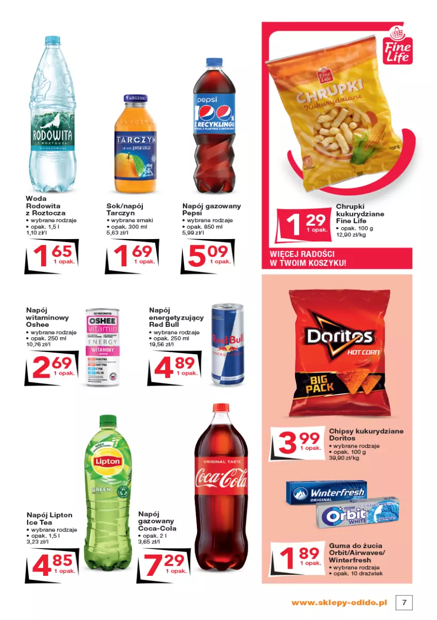 Gazetka promocyjna Odido - Gazetka - ważna 07.10 do 20.10.2022 - strona 7 - produkty: Chipsy, Chrupki, Coca-Cola, Fa, Kosz, Lipton, Napój, Napój gazowany, Orbit, Oshee, Pepsi, Red Bull, Sok, Woda