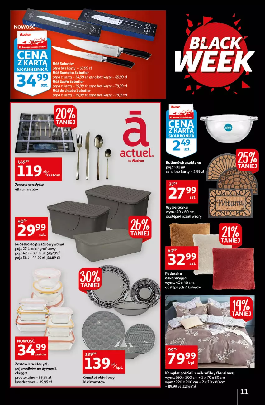 Gazetka promocyjna Auchan - Gazetka Black Week 21-26.11.2022 - ważna 21.11 do 26.11.2022 - strona 11 - produkty: Gra, Komplet obiadowy, Komplet pościeli, Poduszka, Poduszka dekoracyjna, Pojemnik, Pościel, Pudełko, Wycieraczka, Zestaw sztućców