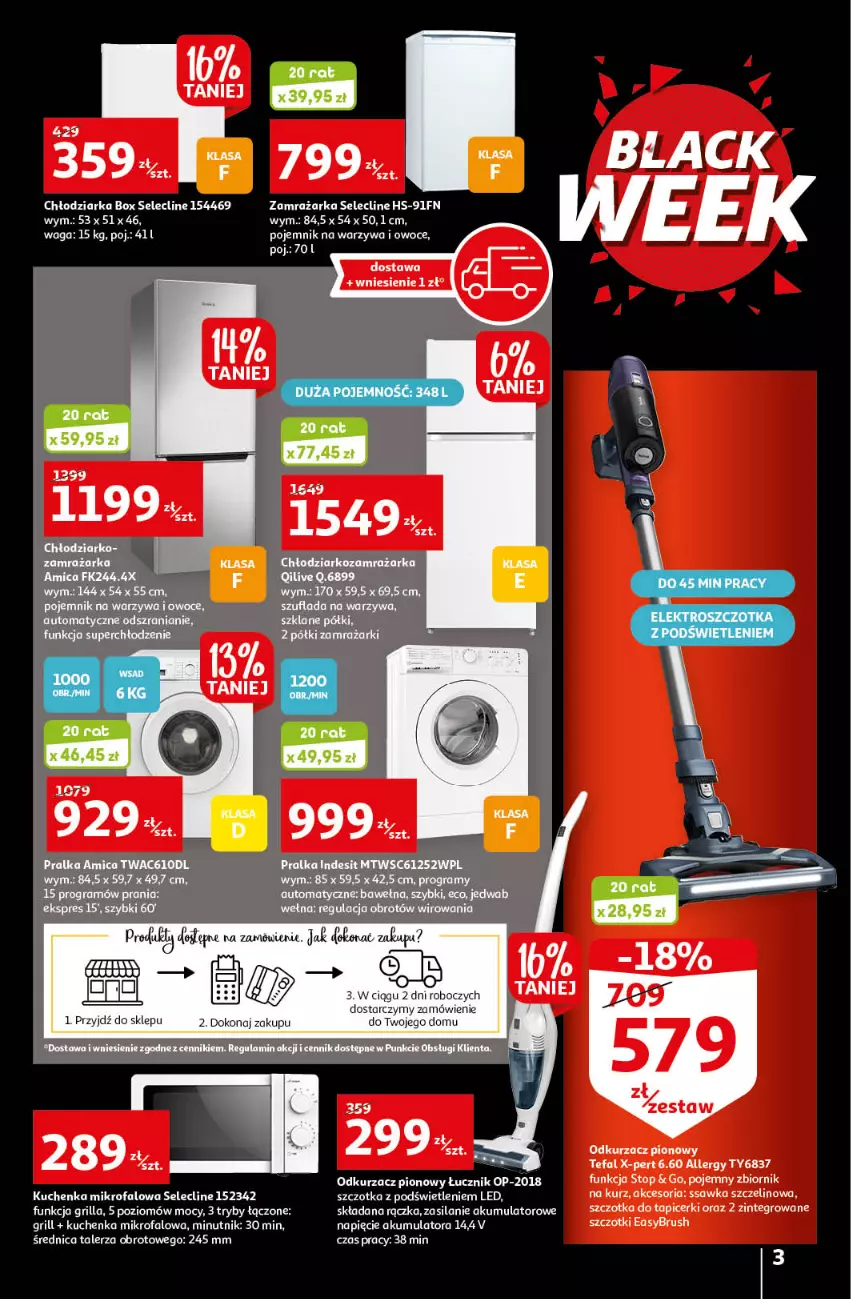 Gazetka promocyjna Auchan - Gazetka Black Week 21-26.11.2022 - ważna 21.11 do 26.11.2022 - strona 3 - produkty: Akumulator, Amica, Chłodziarka, Clin, Fa, Gin, Gra, Grill, Indesit, K2, Kuchenka mikrofalowa, Odkurzacz, Owoce, Pojemnik, Pralka, Silan, Szczotka, Taca, Talerz, Tefal, Top, Waga, Warzywa, Warzywa i owoce, Zamrażarka