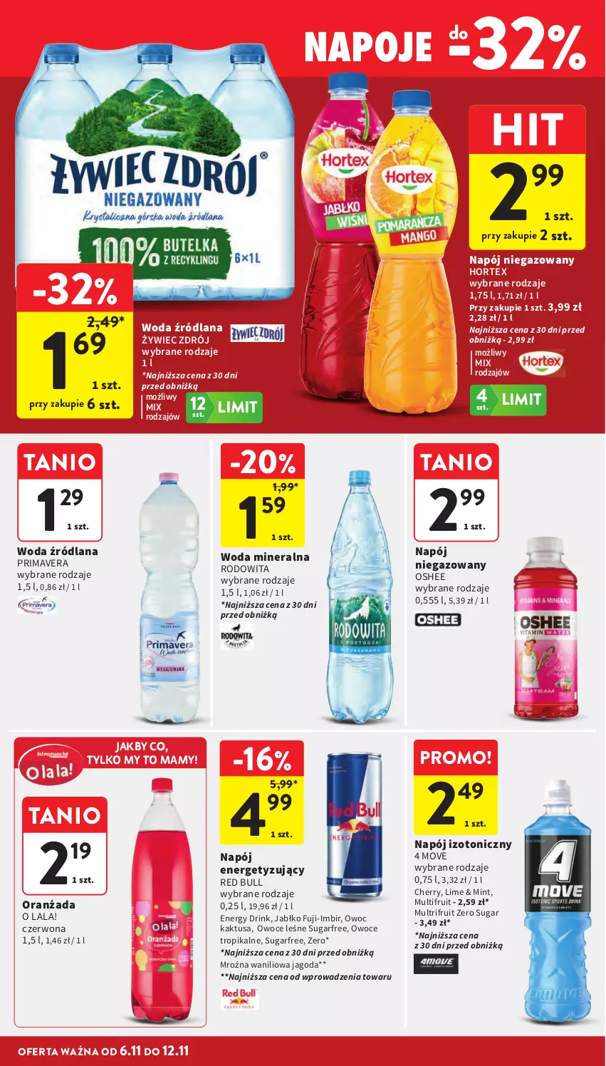 Gazetka promocyjna Intermarche - Gazetka Intermarche - ważna 06.11 do 12.11.2025 - strona 32 - produkty: Hortex, Imbir, Kaktus, LANA, Napój, Napój izotoniczny, Napój niegazowany, Napoje, Oranżada, Oshee, Owoce, Prima, Primavera, Red Bull, Woda, Woda mineralna