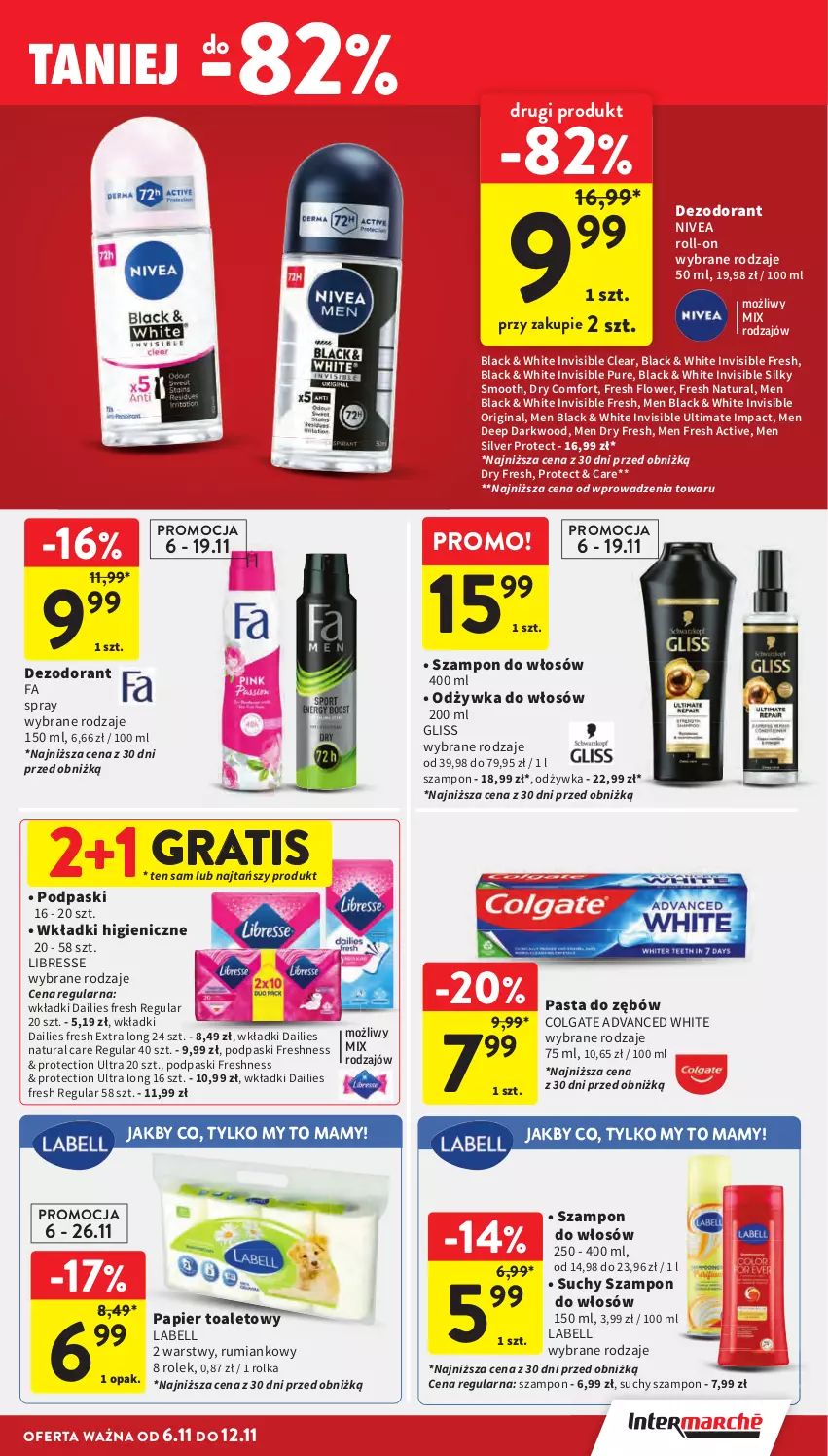 Gazetka promocyjna Intermarche - Gazetka Intermarche - ważna 06.11 do 12.11.2025 - strona 35 - produkty: Bell, Colgate, Dezodorant, Fa, Gin, Gra, Lack, LG, Nivea, Odżywka, Papier, Papier toaletowy, Pasta do zębów, Podpaski, Pur, Rum, Suchy szampon, Szampon, Wkładki