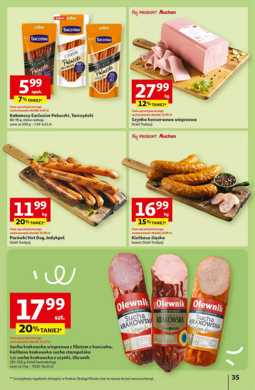 Gazetka promocyjna Auchan - Gazetka Przygotuj ogród na wiosnę! Hipermarket Auchan - ważna 04.04 do 10.04.2024 - strona 35 - produkty: Astor, Fa, Hot dog, Kabanos, Kiełbasa, Kiełbasa krakowska, Kiełbasa śląska, Kurczak, Olewnik, Parówki, Parówki hot dog, Ser, Szynka, Szynka konserwowa, Tarczyński