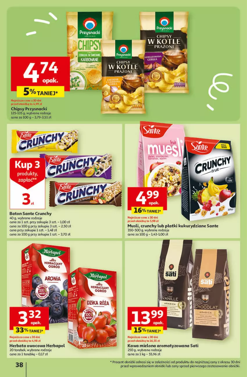 Gazetka promocyjna Auchan - Gazetka Przygotuj ogród na wiosnę! Hipermarket Auchan - ważna 04.04 do 10.04.2024 - strona 38 - produkty: Baton, Chipsy, Dzika róża, Herbapol, Herbata, Herbata owocowa, Kawa, Kawa mielona, Mus, Ogród, Przysnacki, Róża, Sante, Sati