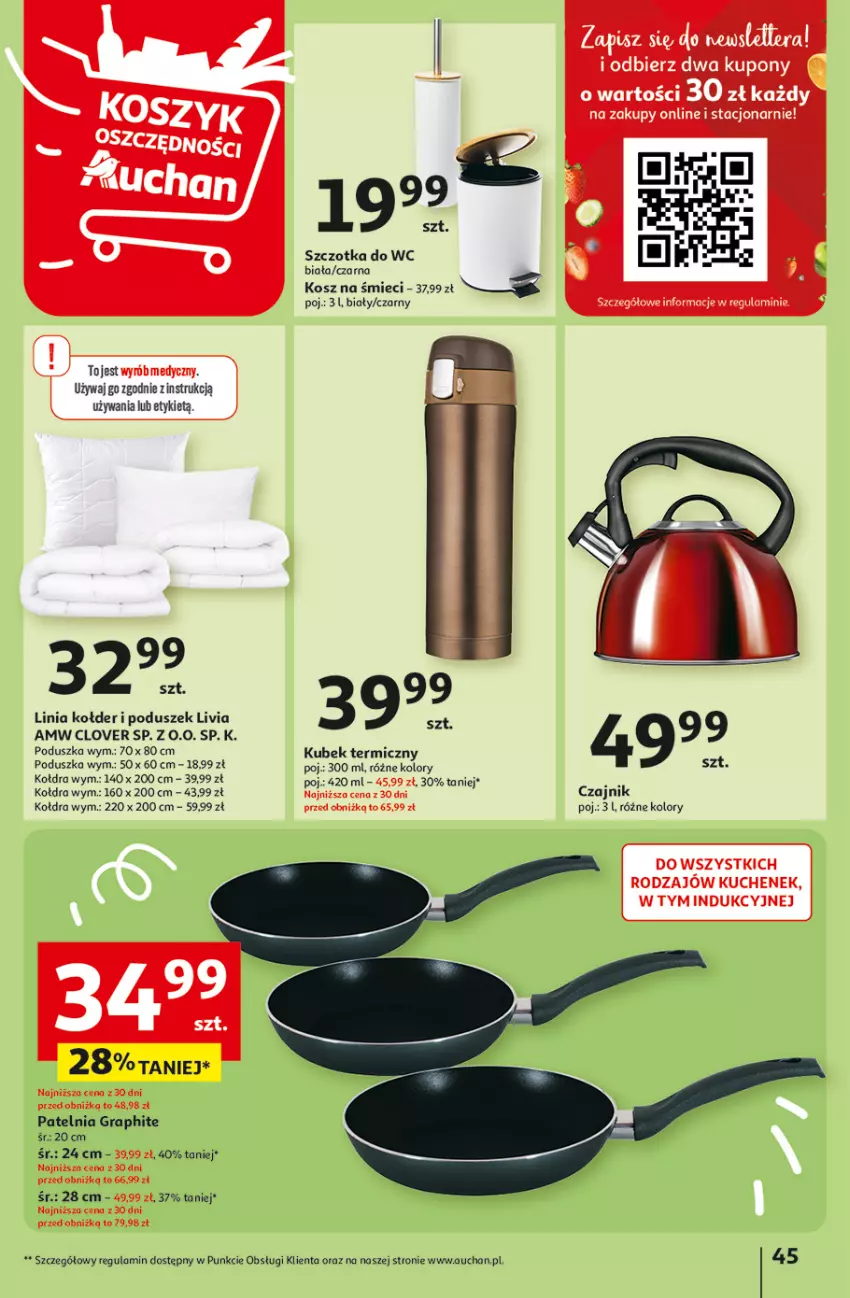 Gazetka promocyjna Auchan - Gazetka Przygotuj ogród na wiosnę! Hipermarket Auchan - ważna 04.04 do 10.04.2024 - strona 45 - produkty: Czajnik, Gra, Kołdra, Kosz, Kubek, Kubek termiczny, Patelnia, Poduszka, Szczotka, Szczotka do WC