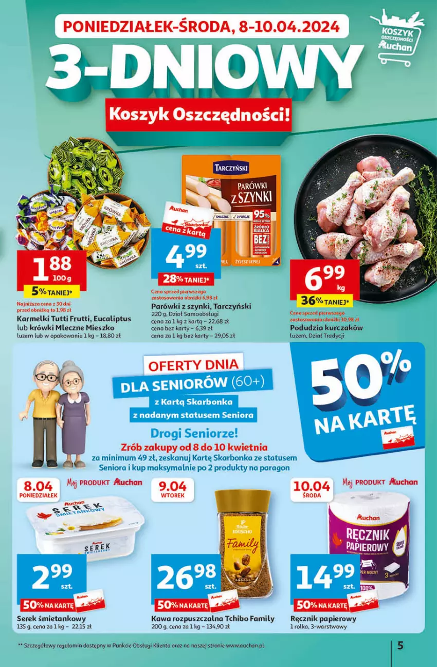 Gazetka promocyjna Auchan - Gazetka Przygotuj ogród na wiosnę! Hipermarket Auchan - ważna 04.04 do 10.04.2024 - strona 5 - produkty: Fa, Kawa, Kawa rozpuszczalna, Kosz, Krówki mleczne, Kurczak, Papier, Parówki, Parówki z szynki, Ręcznik, Ser, Serek, Tarczyński, Tchibo, Tchibo Family