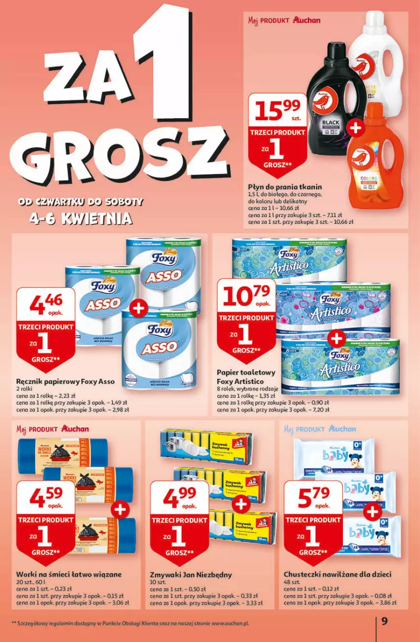 Gazetka promocyjna Auchan - Gazetka Przygotuj ogród na wiosnę! Hipermarket Auchan - ważna 04.04 do 10.04.2024 - strona 9 - produkty: Chusteczki, Dzieci, Foxy, Jan Niezbędny, Papier, Papier toaletowy, Płyn do prania, Ręcznik, Rolki