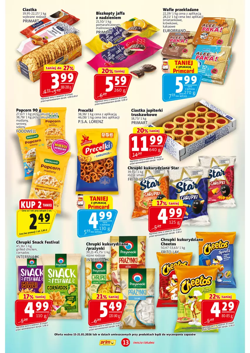 Gazetka promocyjna Prim Market - ważna 15.01 do 21.01.2026 - strona 13 - produkty: Biszkopty, Cheetos, Chrupki, Ciastka, Fa, Grill, Kakao, Lorenz, Popcorn, Precelki, Prima, Wafle