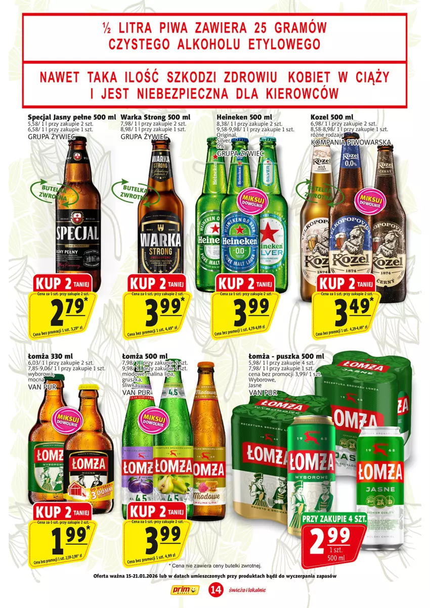 Gazetka promocyjna Prim Market - ważna 15.01 do 21.01.2026 - strona 14 - produkty: Gin, Heineken, Kozel, Pur, Warka, Wyborowa