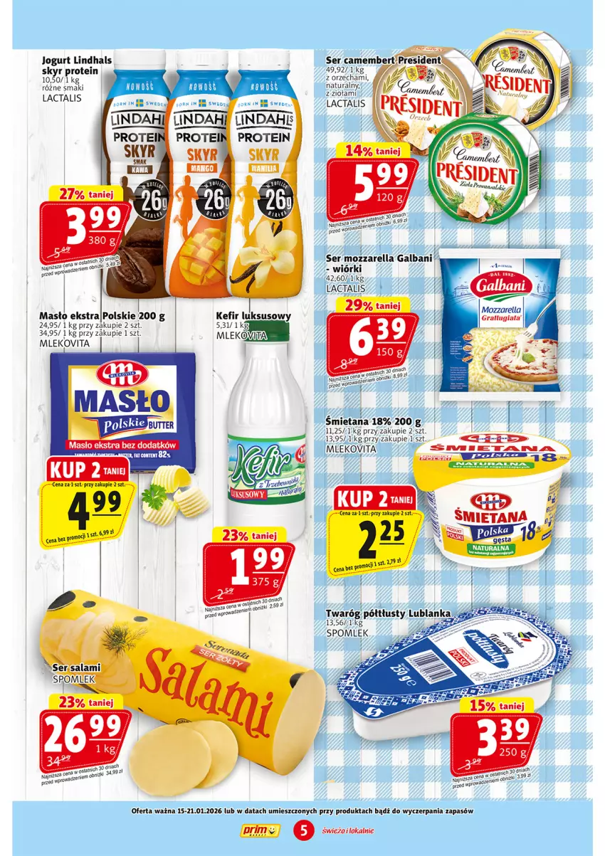 Gazetka promocyjna Prim Market - ważna 15.01 do 21.01.2026 - strona 5 - produkty: Fa, Galbani, Gra, Jogurt, Kefir, Masło, Mleko, Mlekovita, Mozzarella, Ser, Twaróg