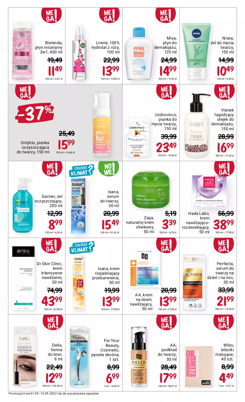 Gazetka promocyjna Rossmann - 1 września - ważna 01.09 do 15.09.2022 - strona 11 - produkty: Bibułki, Bielenda, Clin, For Your Beauty, Garnier, Hydrolat, Isana, Krem na dzień, Krem rozjaśniający, Lirene, Makijaż, Mixa, Nivea, Olej, Olejek do demakijażu, Perfecta, Pęseta, Pianka do mycia twarzy, Płyn micelarny, Podkład, Podkład do twarzy, Rum, Ser, Serum, Serum do twarzy, Wibo, Ziaja