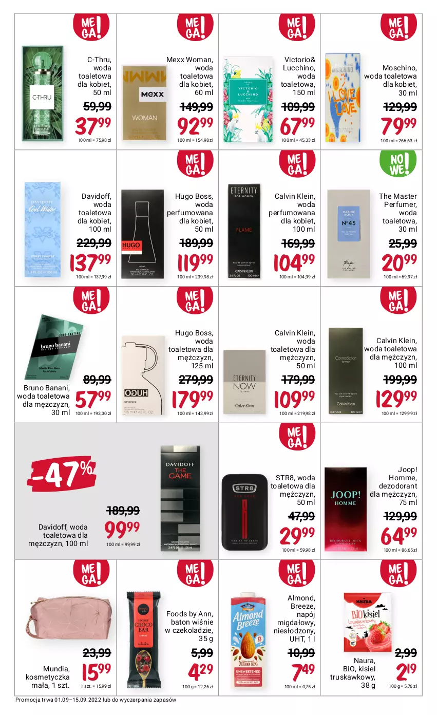 Gazetka promocyjna Rossmann - 1 września - ważna 01.09 do 15.09.2022 - strona 13 - produkty: Baton, Bruno Banani, C-Thru, Calvin Klein, Davidoff, Dezodorant, Hugo Boss, JOOP!, Kisiel, Kosmetyczka, Mexx, Moschino, Napój, Perfum, Str8, Woda, Woda perfumowana, Woda toaletowa