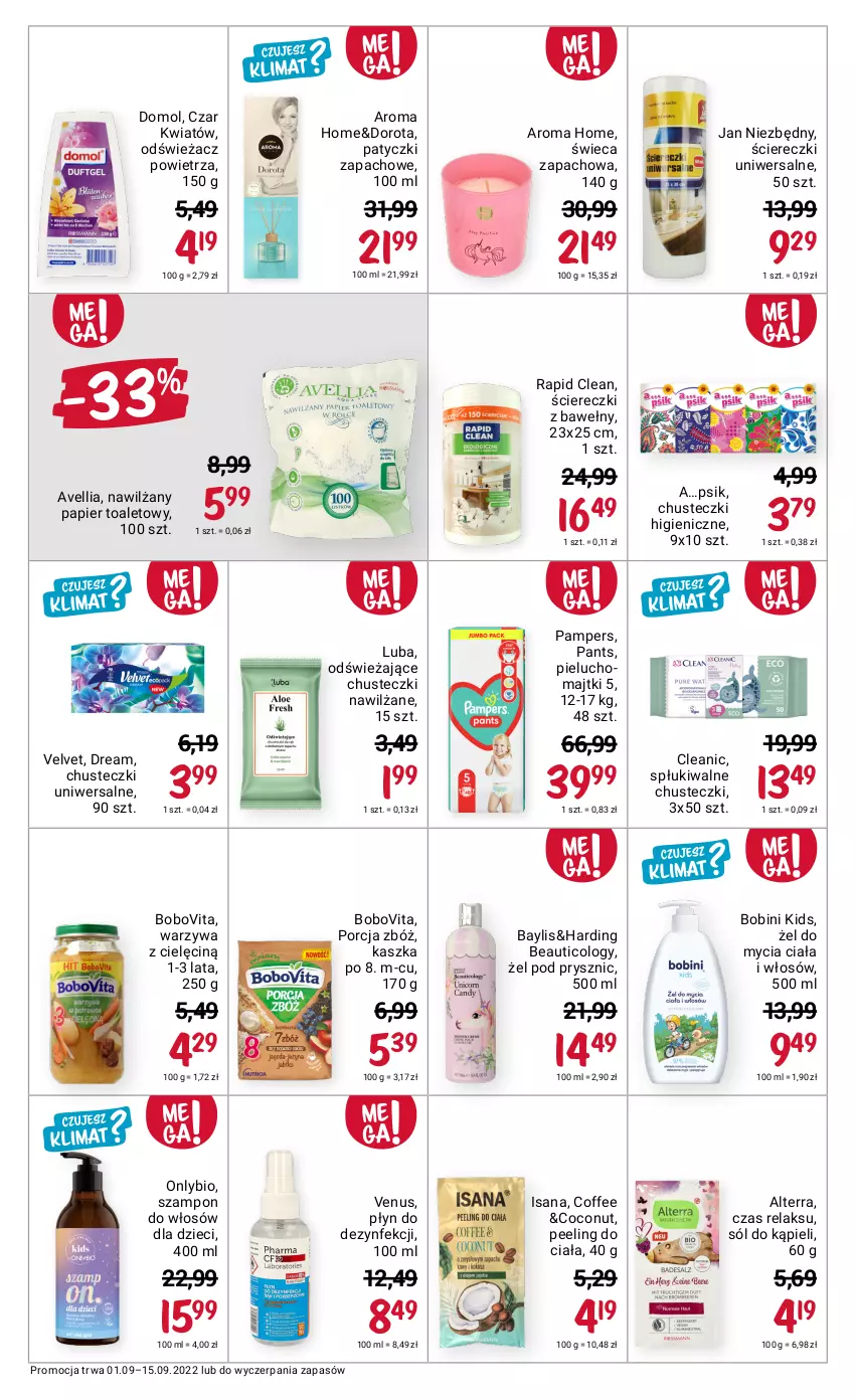 Gazetka promocyjna Rossmann - 1 września - ważna 01.09 do 15.09.2022 - strona 5 - produkty: Alterra, BoboVita, Chusteczki, Cleanic, Domol, Dzieci, Isana, Jan Niezbędny, Majtki, Nawilżany papier, Odświeżacz powietrza, Pampers, Papier, Papier toaletowy, Peeling, Pieluchomajtki, Por, Sól, Sól do kąpieli, Szampon, Velvet, Venus, Warzywa