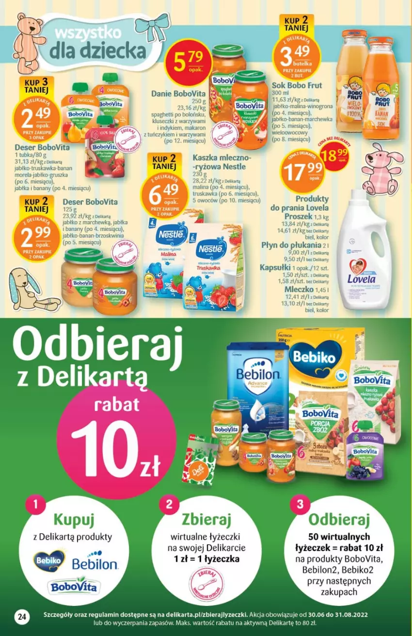 Gazetka promocyjna Delikatesy Centrum - Gazetka DC26 - ważna 07.07 do 13.07.2022 - strona 24 - produkty: Banany, Bebiko, BEBILON, BoboVita, Deser, Jabłka, Lovela, Makaron, Marchewka, Mleczko, Płyn do płukania, Ser, Sok, Spaghetti, Tuńczyk, Warzywa, Wino, Winogrona