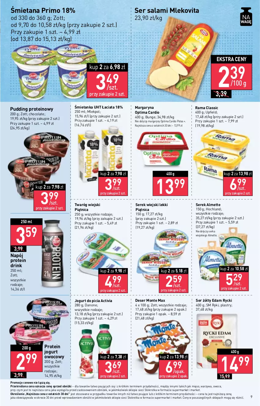 Gazetka promocyjna Stokrotka - Market - ważna 15.02 do 21.02.2024 - strona 10 - produkty: Activia, Almette, Danone, Deser, Edam, Hochland, Jogurt, Jogurt owocowy, Margaryna, Mięso, Mleko, Mlekovita, Monte, Napój, Optima, Optima Cardio, Owoce, Piątnica, Pudding, Rama, Salami, Ser, Ser salami, Serek, Serek wiejski, Twaróg, Warzywa, Zott