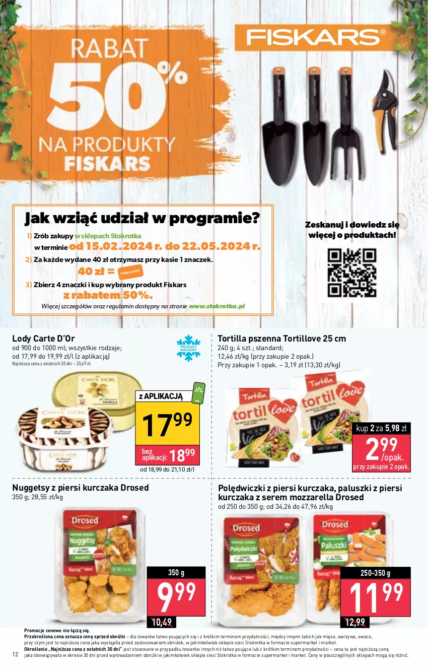 Gazetka promocyjna Stokrotka - Market - ważna 15.02 do 21.02.2024 - strona 13 - produkty: Fiskars, Gra, Kurczak, Lody, Mięso, Mozzarella, Owoce, Ser, Tortilla, Warzywa