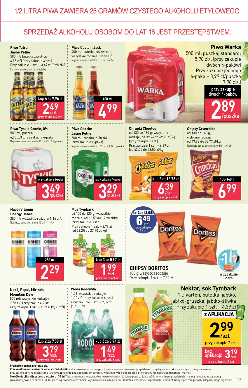 Gazetka promocyjna Stokrotka - Market - ważna 15.02 do 21.02.2024 - strona 14 - produkty: Captain Jack, Cheetos, Chipsy, Chrupki, Crunchips, Gra, Koc, Mięso, Mirinda, Mus, Napój, Nektar, Okocim, Oshee, Owoce, Pepsi, Piwa, Piwo, Sok, Tatra, Tymbark, Tyskie, Warka, Warzywa, Woda