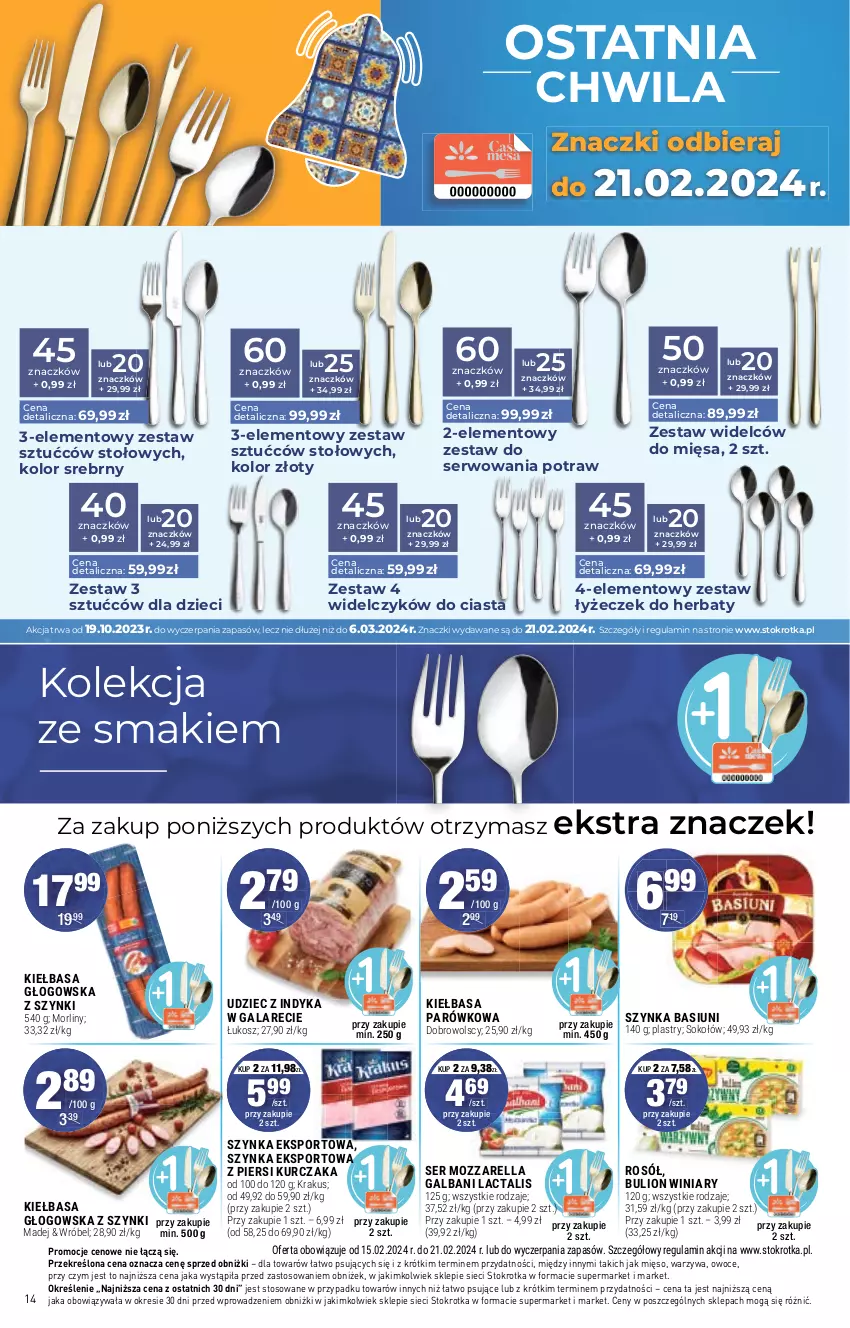 Gazetka promocyjna Stokrotka - Market - ważna 15.02 do 21.02.2024 - strona 15 - produkty: Bulion, Dzieci, Gala, Galbani, Kiełbasa, Kiełbasa głogowska, Kosz, Krakus, Kurczak, Lion, Mięso, Morliny, Mozzarella, Owoce, Por, Rosół, Ser, Sok, Sokołów, Sport, Szynka, Udziec z indyka, Udziec z indyka w galarecie, Warzywa, Winiary, Zestaw sztućców