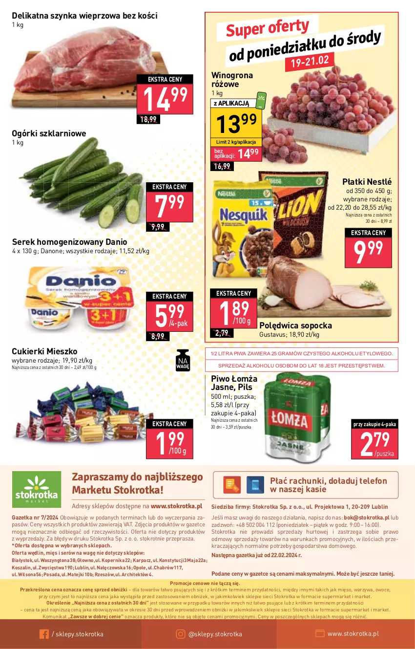 Gazetka promocyjna Stokrotka - Market - ważna 15.02 do 21.02.2024 - strona 17 - produkty: Cukier, Cukierki, Danio, Danone, Dres, Gra, Karp, Kosz, Mięso, Nestlé, O nas, Owoce, Piwa, Piwo, Polędwica, Ser, Serek, Serek homogenizowany, Szal, Szynka, Szynka wieprzowa, Telefon, Wagi, Warzywa, Wilson, Wino, Winogrona