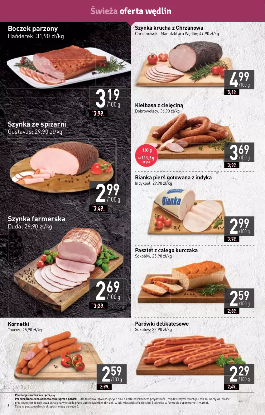 Gazetka promocyjna Stokrotka - Market - ważna 15.02 do 21.02.2024 - strona 6 - produkty: Bianka, Boczek, Chrzan, Duda, Fa, Kiełbasa, Kurczak, Mięso, Owoce, Parówki, Pasztet, Sok, Sokołów, Szynka, Szynka farmerska, Warzywa