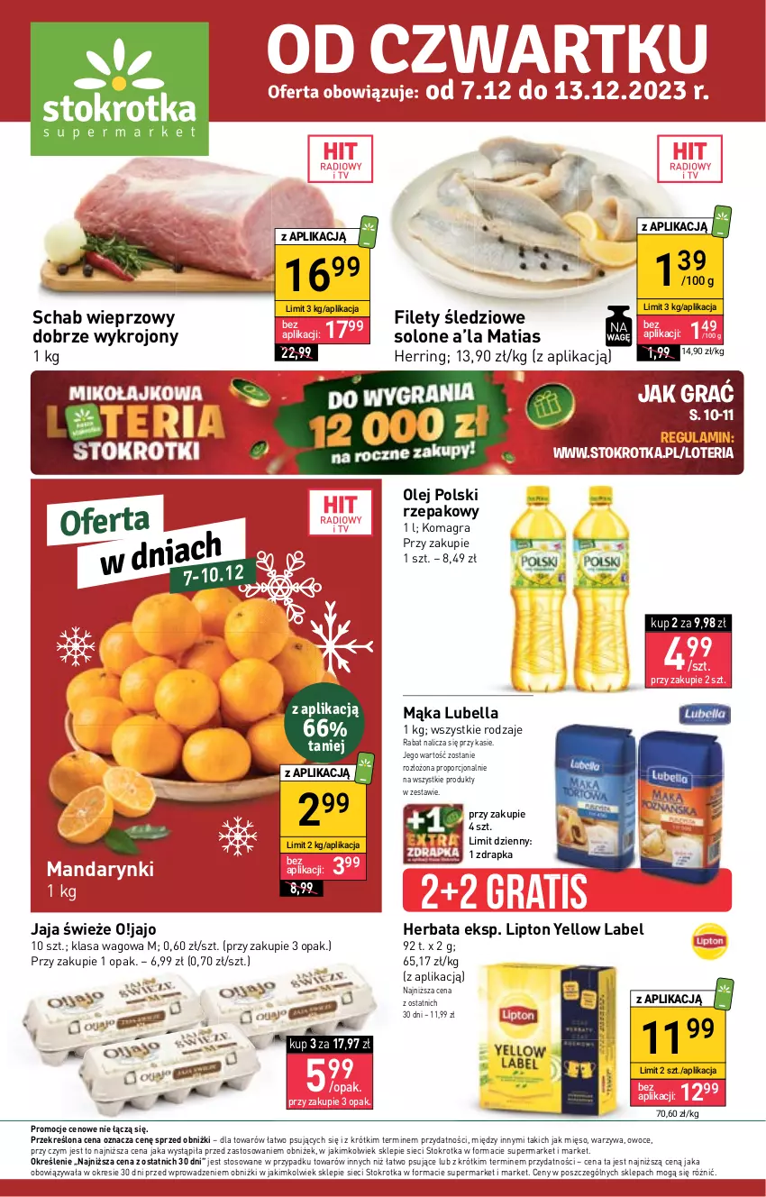 Gazetka promocyjna Stokrotka - Supermarket - ważna 07.12 do 13.12.2023 - strona 1 - produkty: Bell, Bella, Gra, Herbata, Jaja, Lipton, Lubella, Mąka, Mandarynki, Mięso, Olej, Owoce, Por, Schab wieprzowy, Warzywa