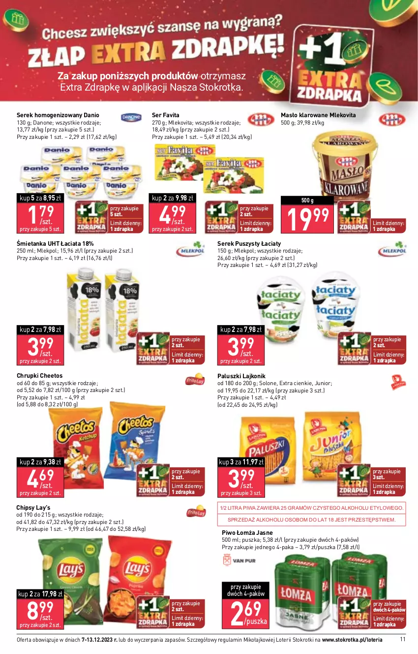 Gazetka promocyjna Stokrotka - Supermarket - ważna 07.12 do 13.12.2023 - strona 11 - produkty: Cheetos, Chipsy, Chrupki, Danio, Danone, Fa, Favita, Gra, Lajkonik, Lay’s, Masło, Masło klarowane, Mleko, Mlekovita, Piwa, Piwo, Ser, Serek, Serek homogenizowany, Serek puszysty