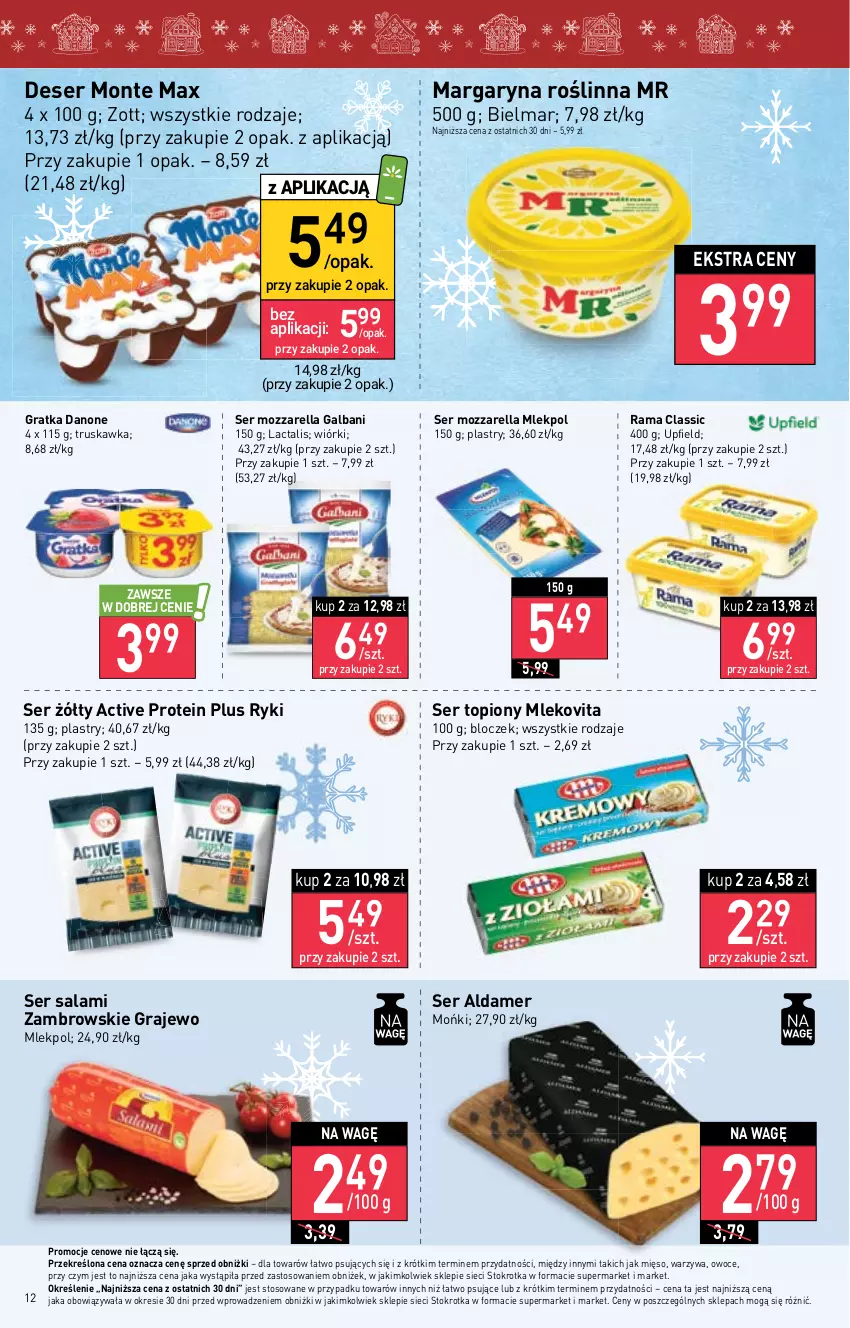 Gazetka promocyjna Stokrotka - Supermarket - ważna 07.12 do 13.12.2023 - strona 12 - produkty: Danone, Deser, Galbani, Gra, Margaryna, Mięso, Mleko, Mlekovita, Monte, Mozzarella, Owoce, Rama, Salami, Ser, Ser salami, Ser topiony, Top, Warzywa, Zott