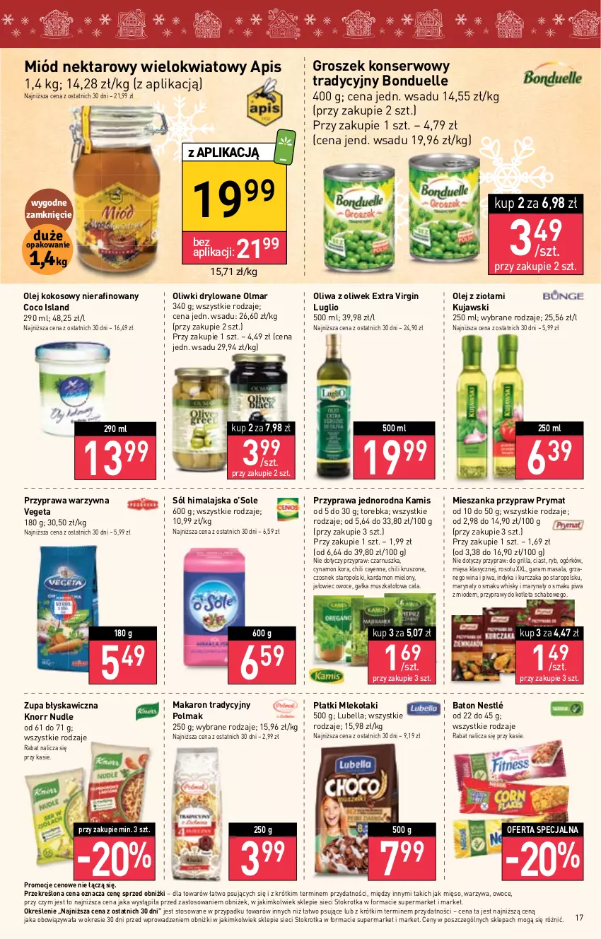 Gazetka promocyjna Stokrotka - Supermarket - ważna 07.12 do 13.12.2023 - strona 17 - produkty: Baton, Bell, Bella, Bonduelle, Czosnek, Gałka, Gin, Grill, Groszek, Isla, Kamis, Knorr, Kokos, Kotlet, Kujawski, Kurczak, Lubella, Makaron, Mięso, Miód, Mleko, Mus, Nektar, Nestlé, Olej, Olej kokosowy, Oliwa z oliwek, Oliwki, Olma, Owoce, Piwa, Prymat, Przyprawy, Ser, Sól, Sól himalajska, Torebka, Vegeta, Warzywa, Whisky, Zupa