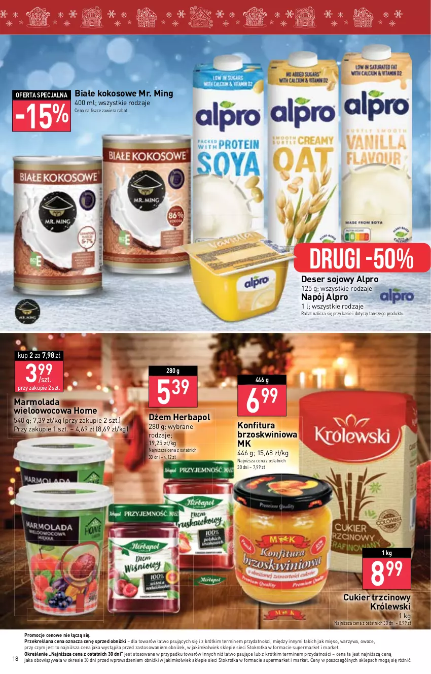 Gazetka promocyjna Stokrotka - Supermarket - ważna 07.12 do 13.12.2023 - strona 18 - produkty: Alpro, Cukier, Cukier trzcinowy, Deser, Dżem, Herbapol, Kokos, Konfitura, Królewski, Marmolada, Mięso, Mola, Napój, Owoce, Ser, Warzywa