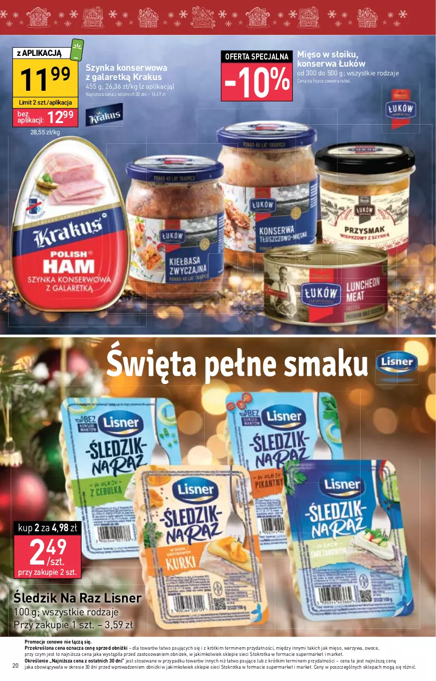 Gazetka promocyjna Stokrotka - Supermarket - ważna 07.12 do 13.12.2023 - strona 20 - produkty: Gala, Krakus, Lisner, Mięso, Mięso w słoiku, Owoce, Ser, Szynka, Szynka konserwowa, Warzywa