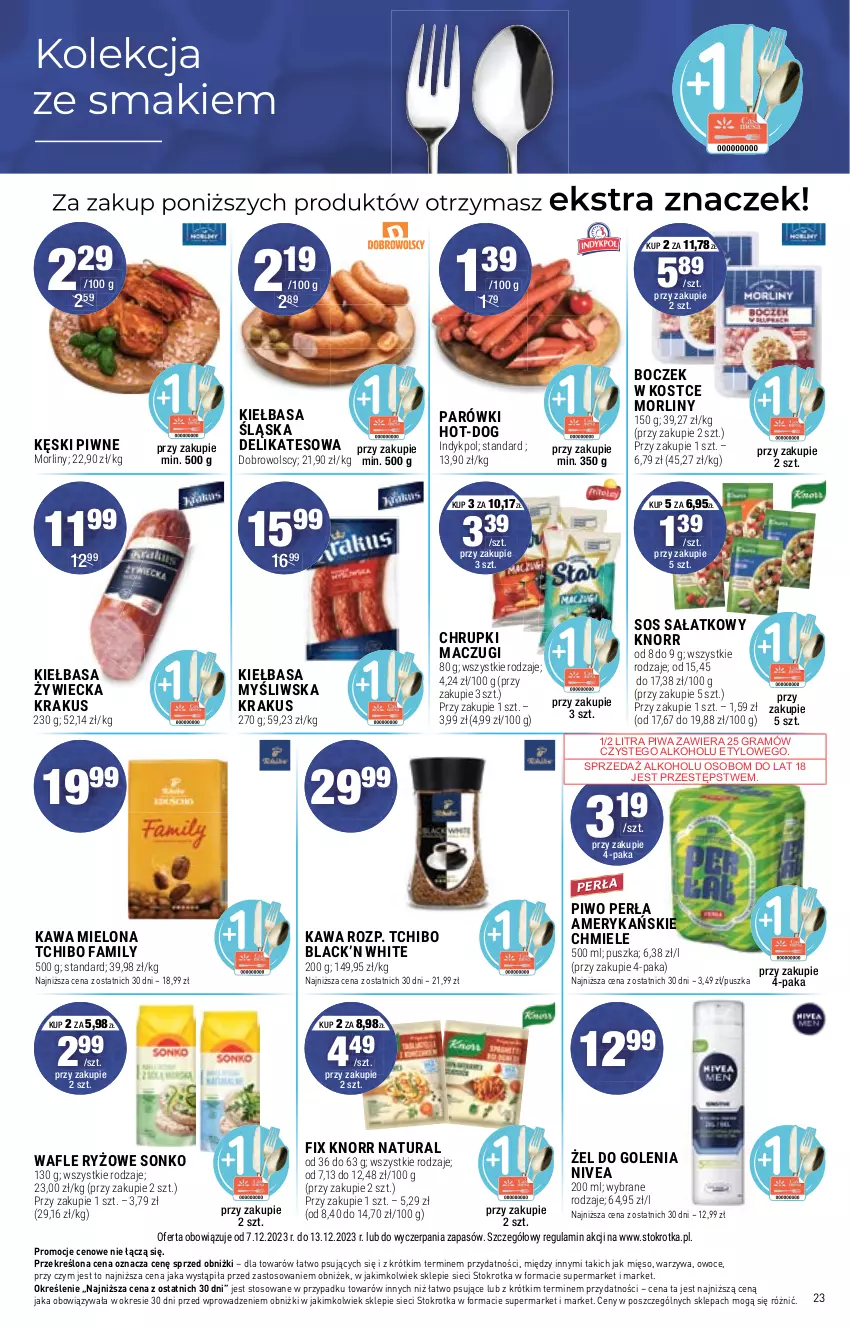 Gazetka promocyjna Stokrotka - Supermarket - ważna 07.12 do 13.12.2023 - strona 23 - produkty: Boczek, Chrupki, Fa, Gra, Kawa, Kawa mielona, Kęski piwne, Kiełbasa, Kiełbasa śląska, Knorr, Krakus, Lack, Mięso, Morliny, Nivea, Owoce, Parówki, Perła, Piwa, Piwo, Ryż, Sałat, Sonko, Sos, Tchibo, Tchibo Family, Wafle, Warzywa