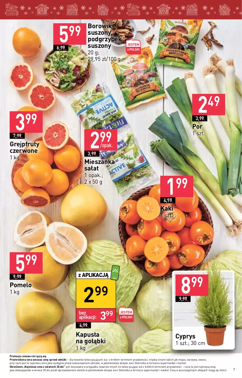 Gazetka promocyjna Stokrotka - Supermarket - ważna 07.12 do 13.12.2023 - strona 7 - produkty: Grejpfrut, Kaki, Mięso, Mieszanka sałat, Owoce, Pomelo, Por, Sałat, Warzywa