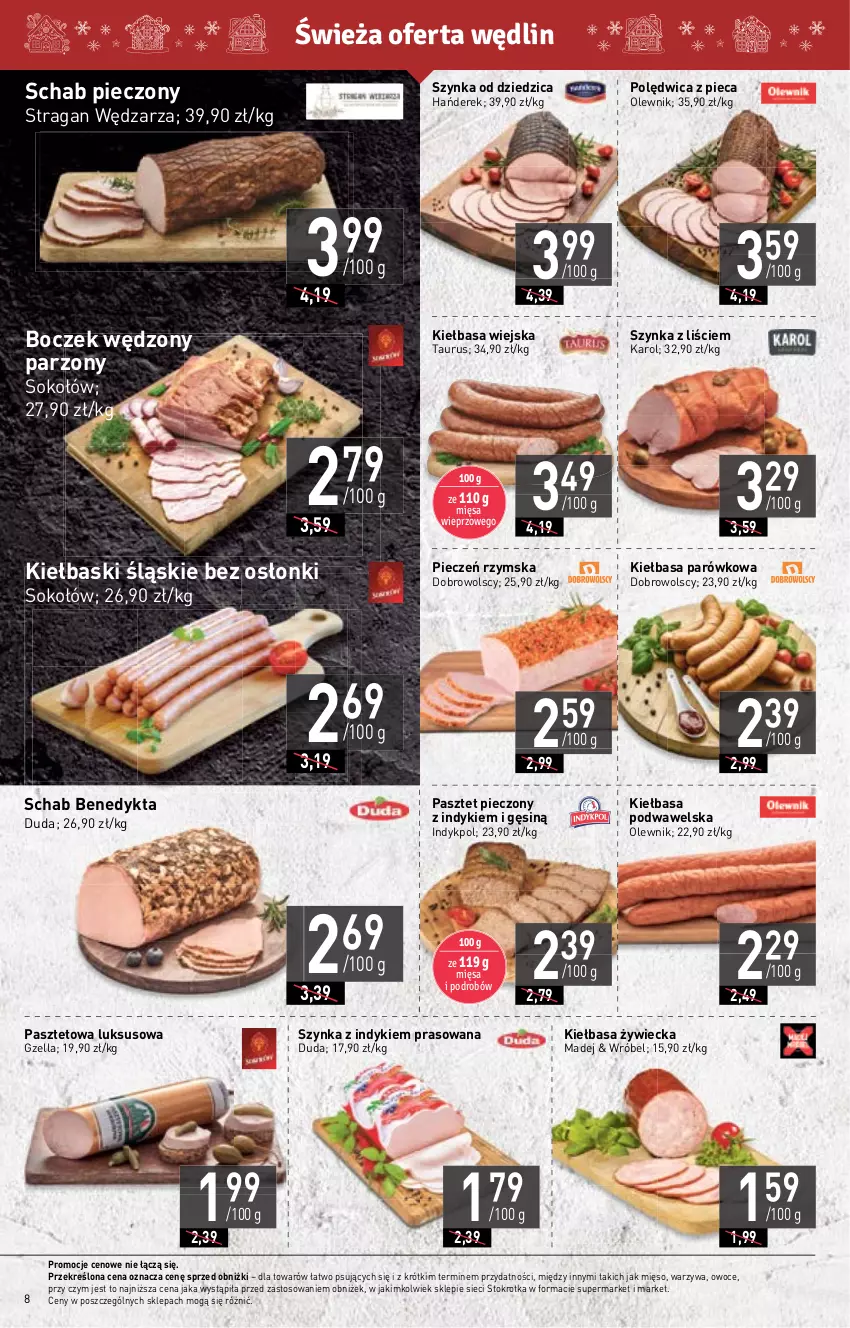 Gazetka promocyjna Stokrotka - Supermarket - ważna 07.12 do 13.12.2023 - strona 8 - produkty: Boczek, Duda, Kiełbasa, Kiełbasa podwawelska, Kiełbasa wiejska, Kiełbaski śląskie, Mięso, Olewnik, Owoce, Pasztet, Piec, Pieczeń rzymska, Polędwica, Schab Benedykta, Schab pieczony, Sok, Sokołów, Szynka, Warzywa, Wawel