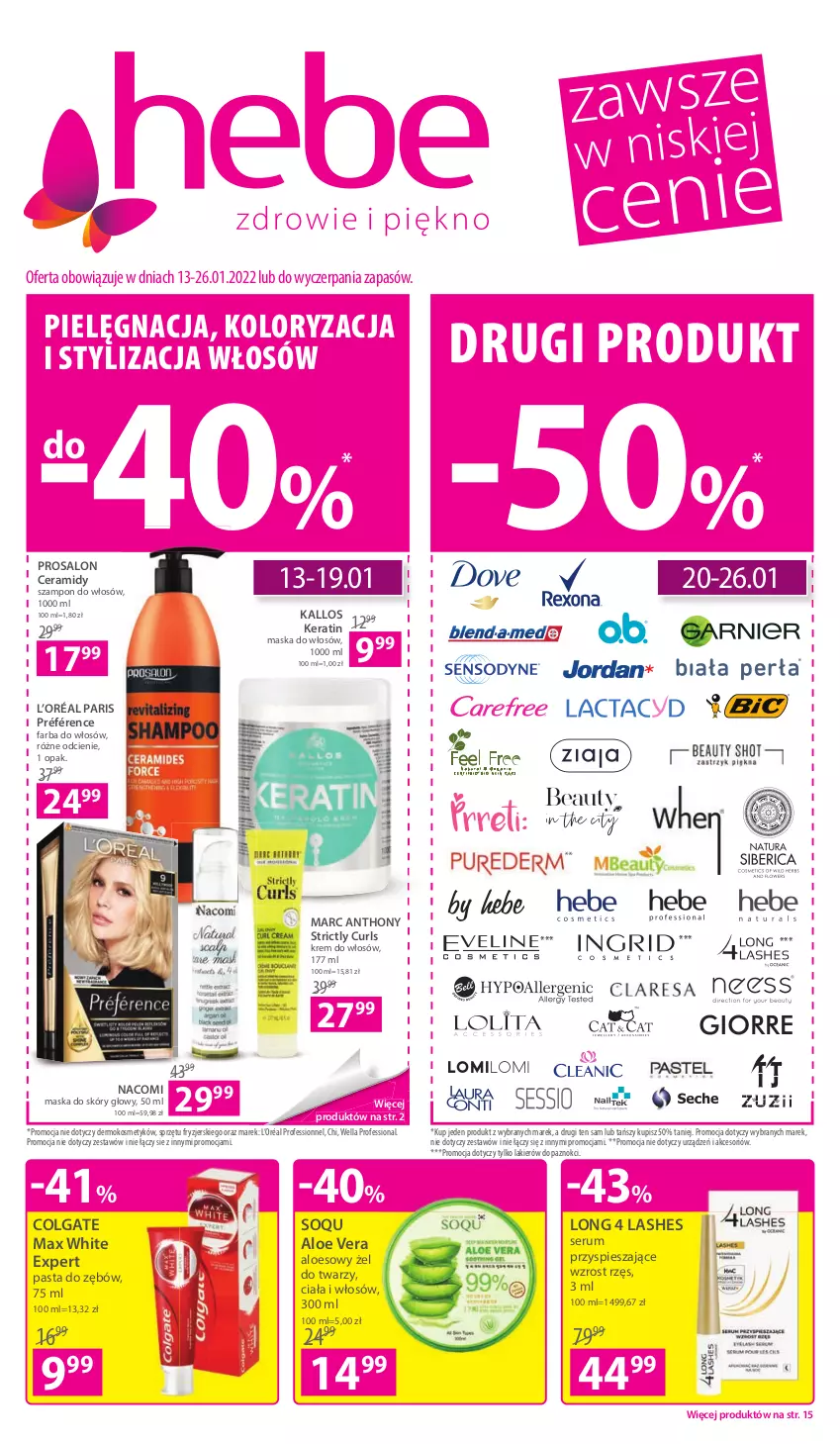 Gazetka promocyjna Hebe - Gazetka - ważna 13.01 do 26.01.2022 - strona 1 - produkty: Aloe vera, Colgate, Fa, Farba do włosów, Kallos, L’Oréal, Lakier, LG, Long 4 Lashes, Maska, Maska do włosów, Nacomi, Pasta do zębów, Rum, Ser, Serum, Szampon, Wella